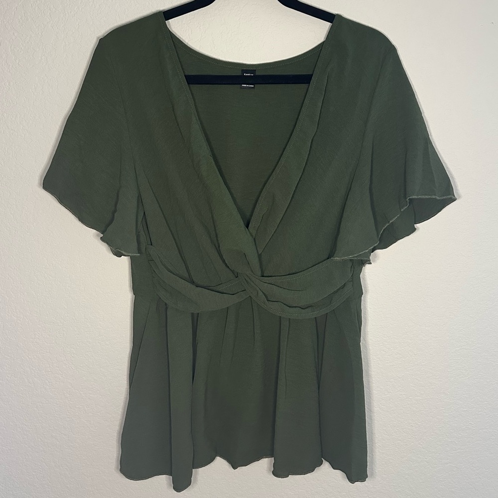 SHEIN Olive Green Twist Front V-Neck Blouse